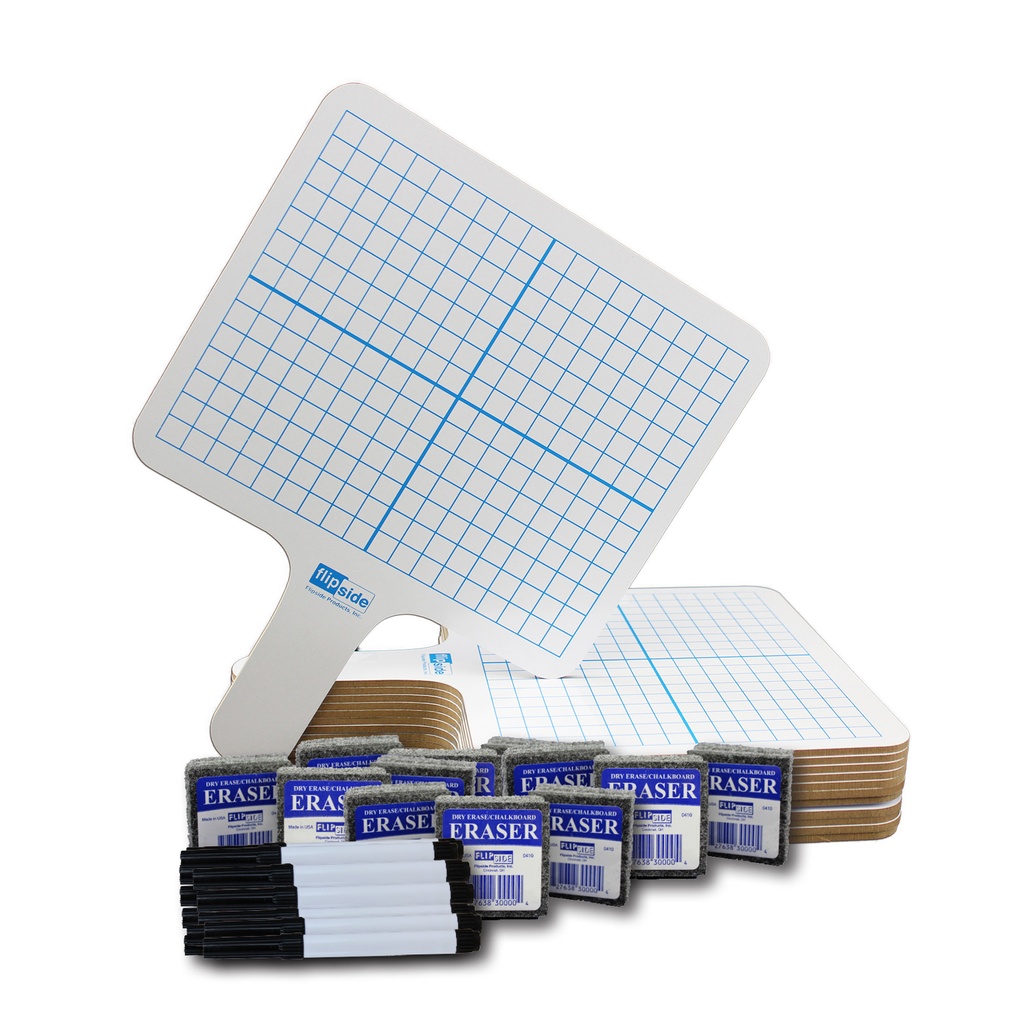 Two-Sided Rectangular Dry Erase Graphing Paddles, Pens, and Erasers Class Pack of 12