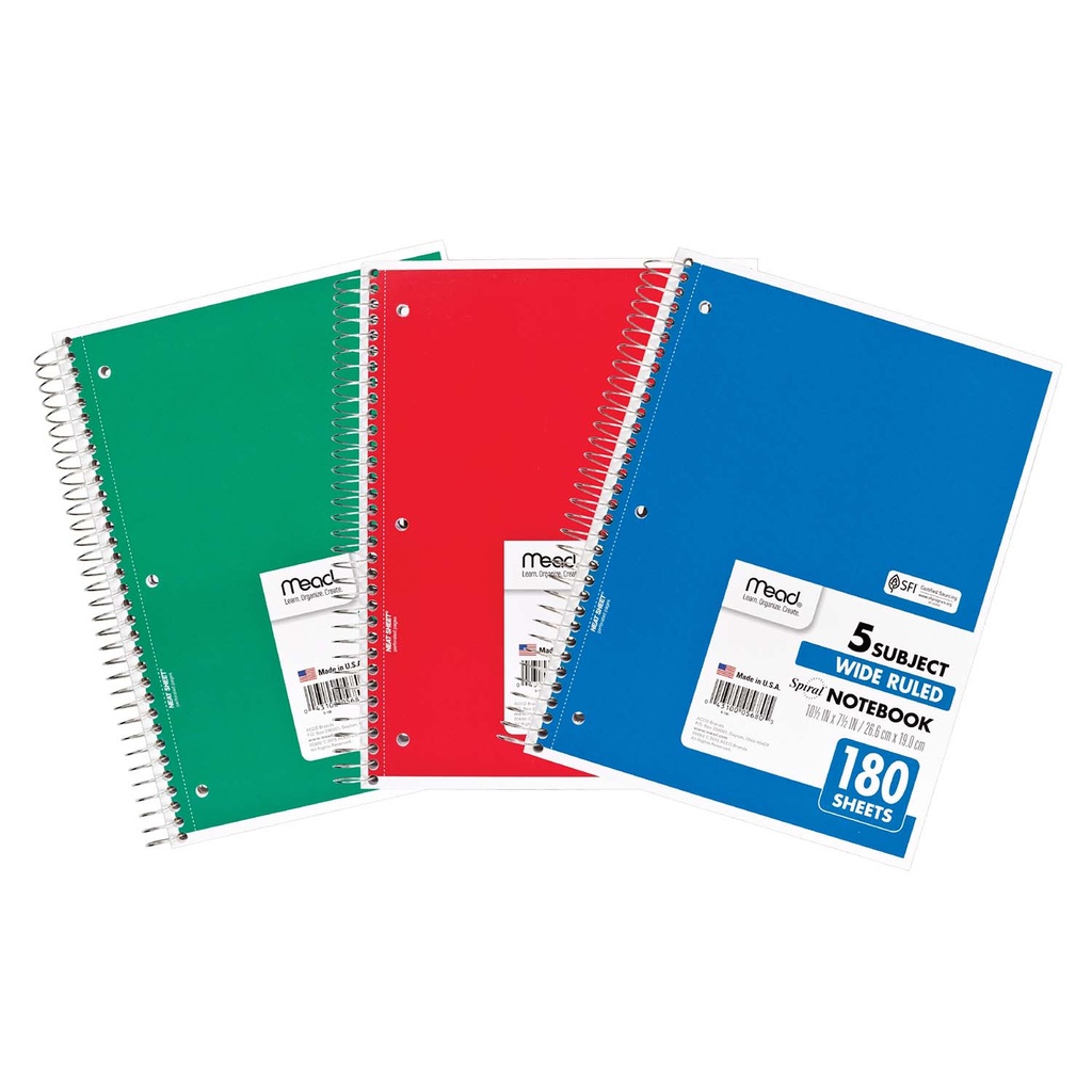 Spiral 5 Wide Ruled Subject Notebook Pack of 3