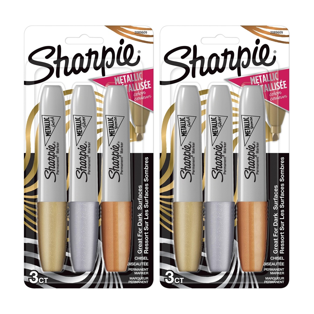 6 Metallic Chisel Tip Permanent Markers in Assorted 3 Colors