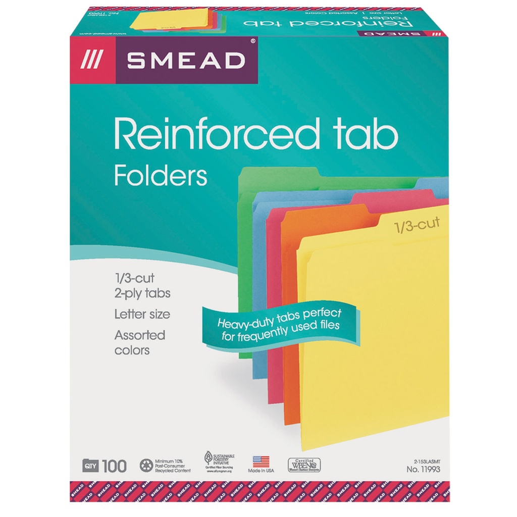 Reinforced 1/3-Cut Tab Letter Size Assorted Colors File Folders Box of 100