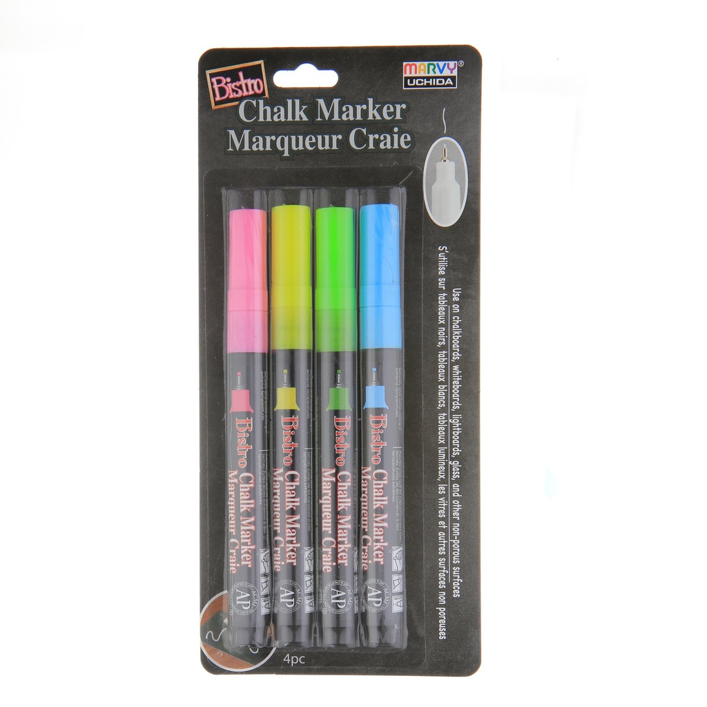 Bistro Extra Fine Tip Chalk Markers 4-Color Set: Fluorescent Pink, Blue, Green, Yellow