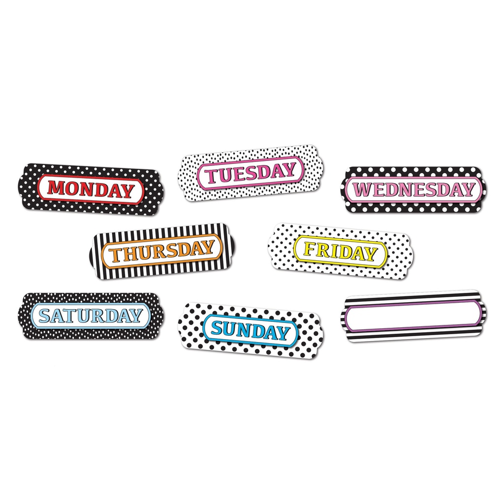 Black and White Assorted Patterns Days of the Week Magnetic Die-Cut Timesavers & Labels 8 Pieces