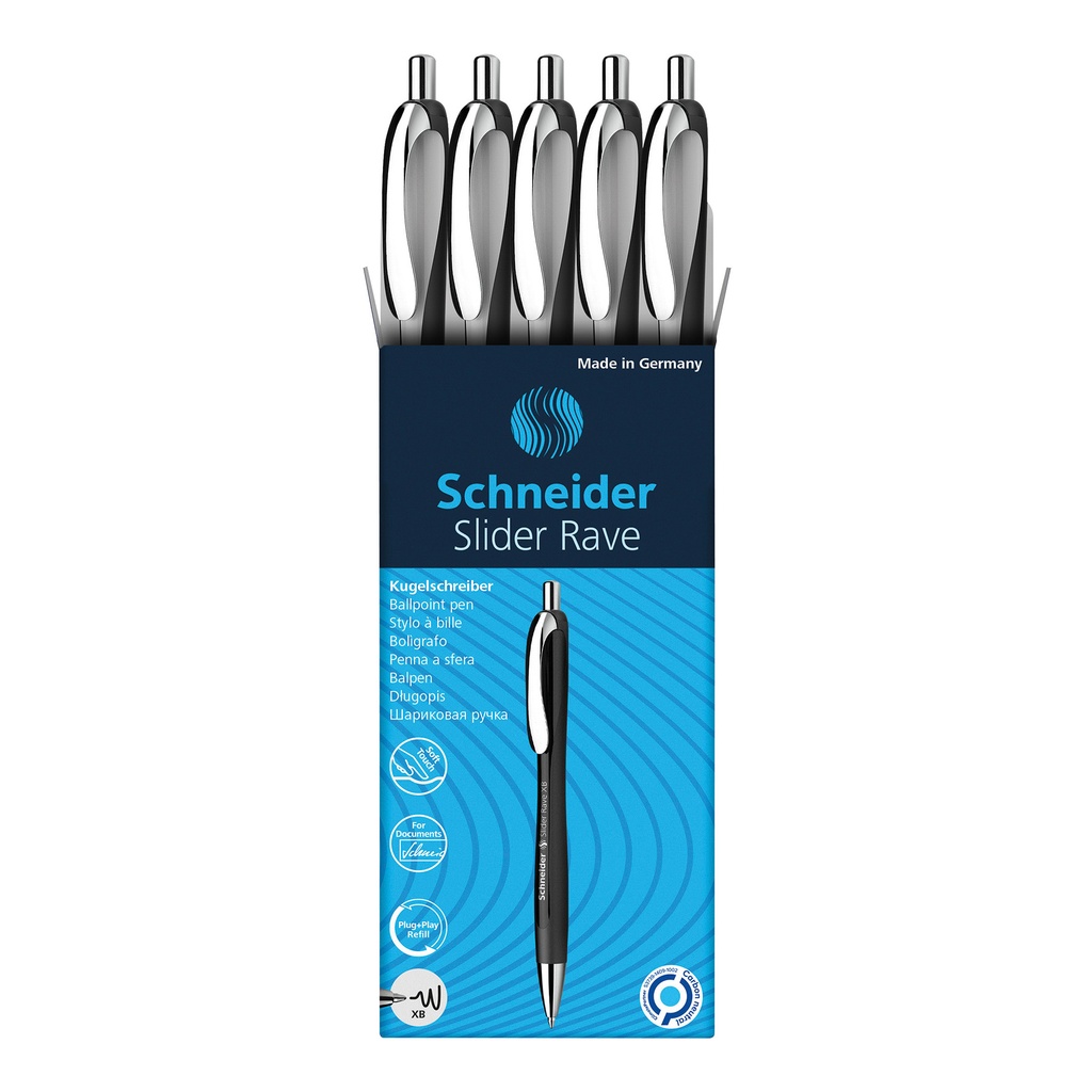 White-Black Barrel/Blue Ink Schneider Slider Rave XB Retractable Ballpoint Pens Box of 5
