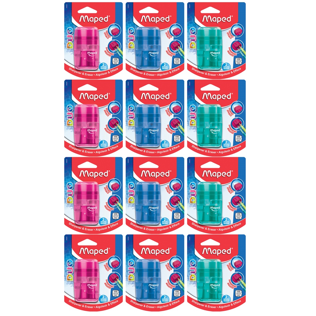 Assorted Connect DUO 2 Hole Sharpener / Eraser Combo Pack of 12