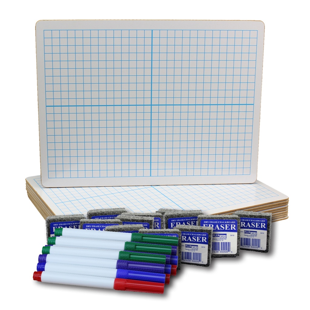 9" x 12" XY Axis/Plain Two-Sided Dry Erase Boards with Colored Pens & Erasers Class Pack of 12