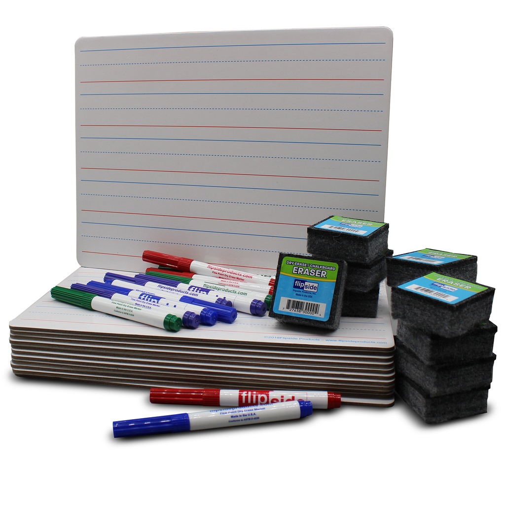 9" x 12" Magnetic Red & Blue Ruled/Plain Two-Sided Dry Erase Boards with Erasers & Colored Pens Class Pack of 12
