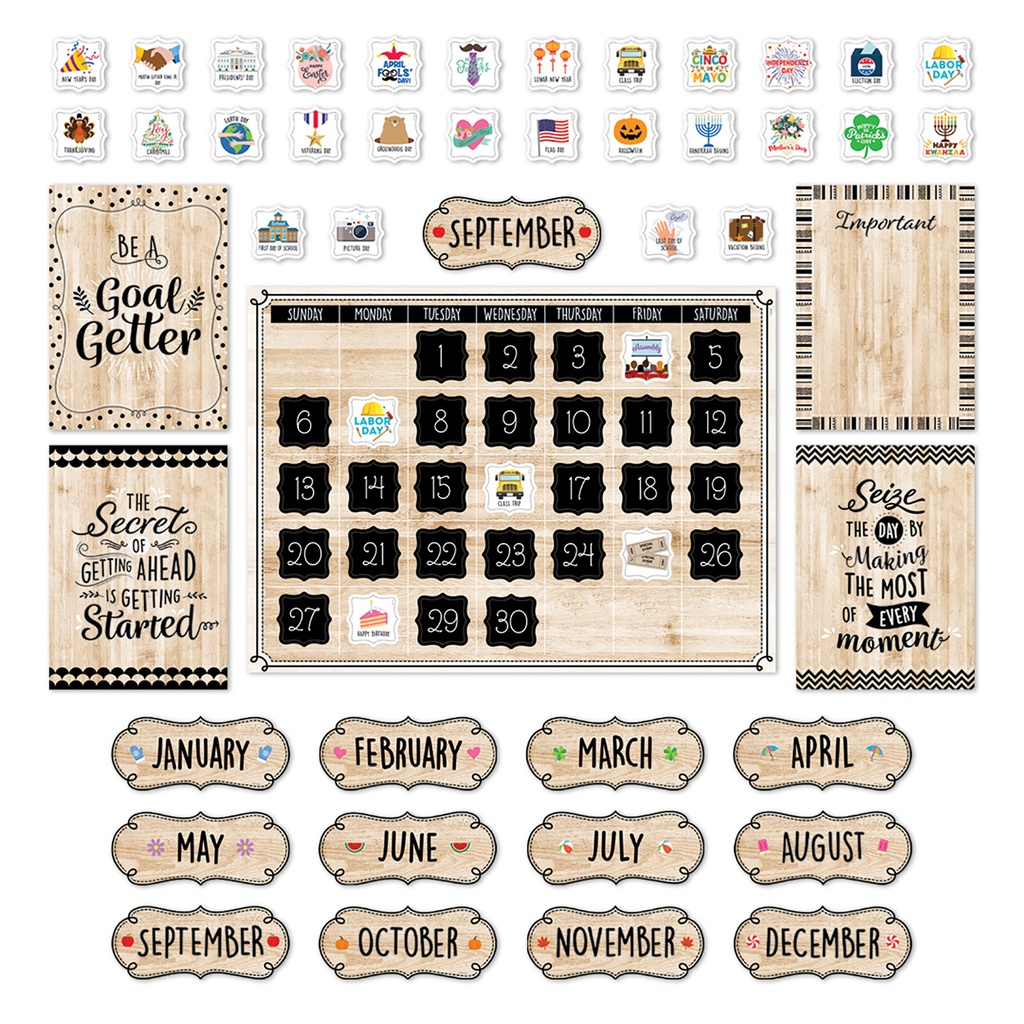 Black, White, and Wood Calendar Bulletin Board Set