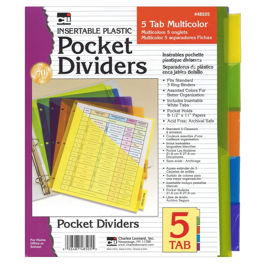Index Dividers with Pocket 5 Tabs Plastic Assorted Colors