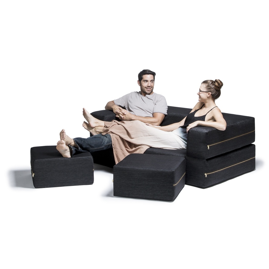 Black Zipline Denim Convertible Sleeper Loveseat & Ottomans
