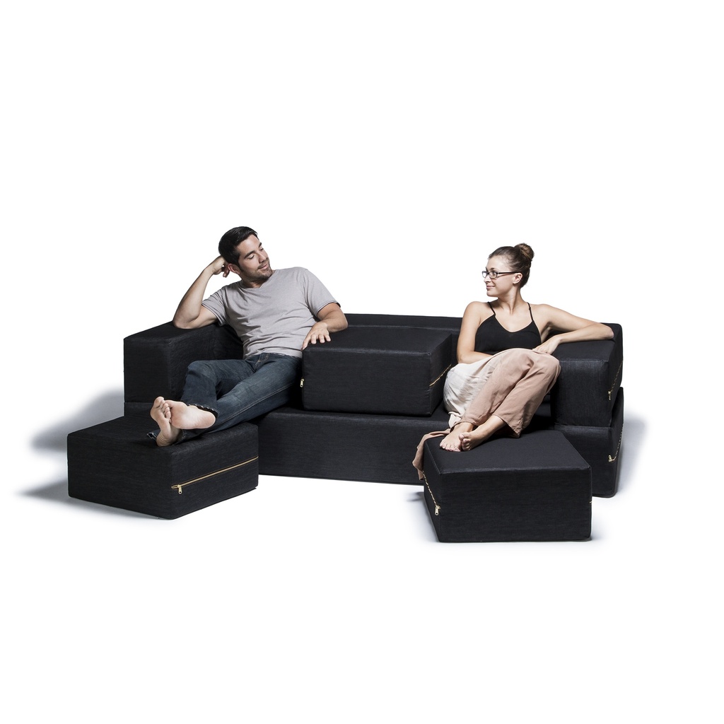 Black Zipline Denim Convertible Sleeper Sofa & Three Ottomans