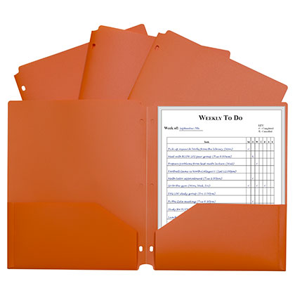 [33932 CL] Orange Poly Two Pocket Portfolio Folder 3 Hole Punch