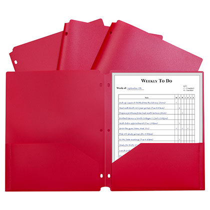 [33934 CL] Red Poly Two Pocket Portfolio Folder 3 Hole Punch