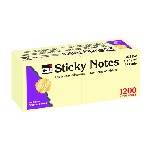 [33152 CLI] 12ct 1.5x2 100 Sheet Yellow Sticky Note Pads