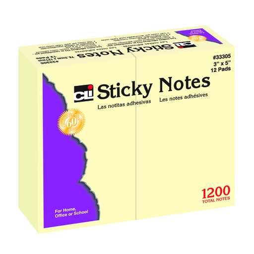 [33305 CLI] 12ct 3x5 100 Sheet Yellow Sticky Note Pads