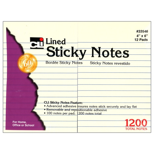 [33546 CLI] 12ct 4x6 100 Sheet Yellow Lines Sticky Note Pads