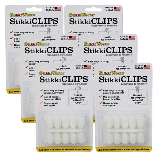 [01220-6 STIX] StikkiCLIPS™ Adhesive Clips, White, 20 Per Pack, 6 Packs
