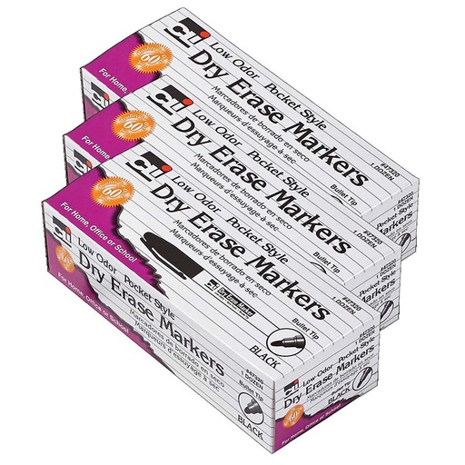 [47320-3 CLI] Dry Erase Markers, Pocket Style, Bullet Tip, Black, 12 Per Pack, 3 Packs