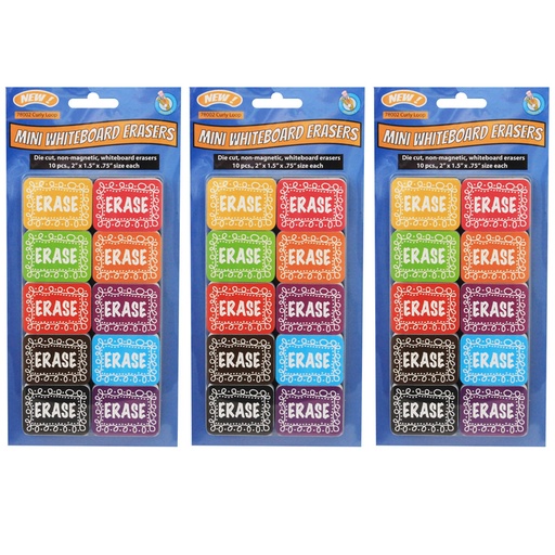 [78002-3 ASH] Non-Magnetic Mini Whiteboard Erasers, Chalk Loop, 10 Per Pack, 3 Packs