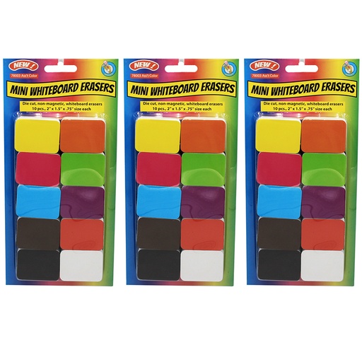 [78003-3 ASH] Non-Magnetic Mini Whiteboard Erasers, Assorted, 10 Per Pack, 3 Packs
