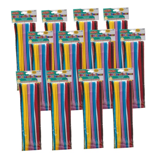[65600-12 CLI] Chenille Stems, Jumbo Fluffy Thick Stem, 6mm x 12", Assorted Colors, 100 Per Pack, 12 Packs