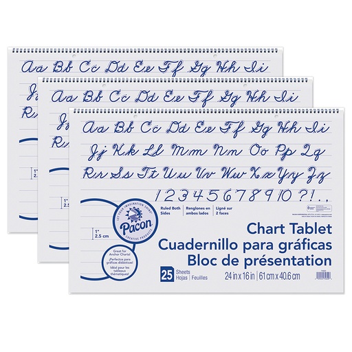 [74620-3 PAC] Chart Tablet, Cursive Cover, 1" Ruled, 24" x 16", 25 Sheets Per Tablet, 3 Tablets