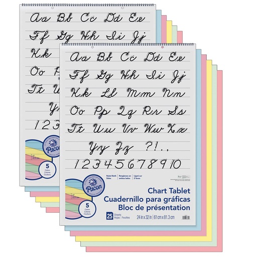 [74731-2 PAC] Colored Paper Chart Tablet, Cursive Cover, 5 Assorted Colors, 1" Ruled, 24" x 32", 25 Sheets, Pack of 2