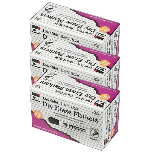 [47920-3 CLI] Dry Erase Markers, Barrel Style, Chisel Tip, Black, 12 Per Pack, 3 Packs