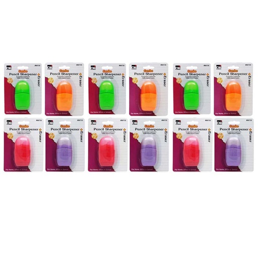 [80735-12 CLI] Pencil Sharpener/Eraser Combo - 1 Hole with Eraser, Plastic, with Receptacle, Assorted Colors, Pack of 12