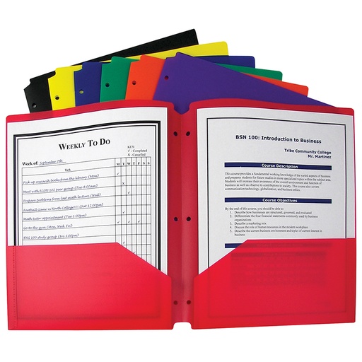 [33930 CL] Two-Pocket Heavyweight Poly Portfolio Folder with Three-Hole Punch, Primary Colors, Box of 36