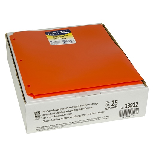 [33932-25 CL] Two-Pocket Heavyweight Poly Portfolio Folder with Three-Hole Punch, Orange, Pack of 25