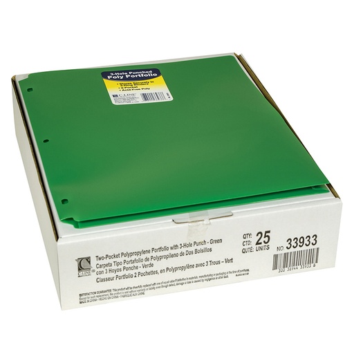 [33933-25 CL] Two-Pocket Heavyweight Poly Portfolio Folder with Three-Hole Punch, Green, Pack of 25