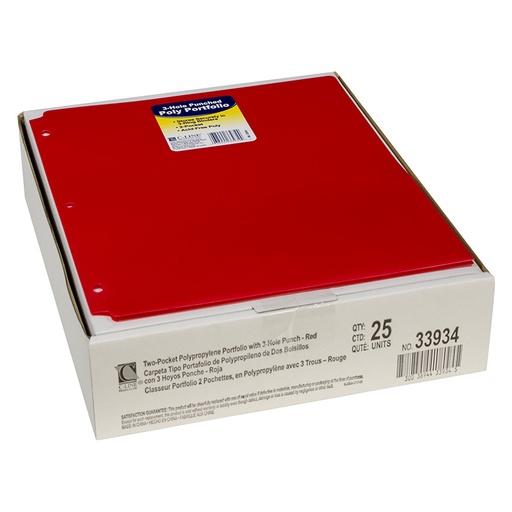 [33934-25 CL] Two-Pocket Heavyweight Poly Portfolio Folder with Three-Hole Punch, Red, Pack of 25