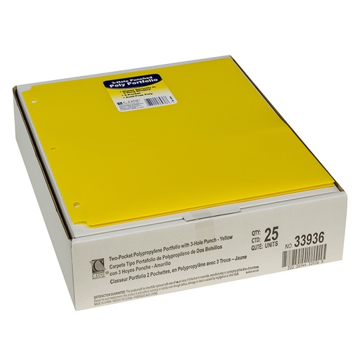 [33936-25 CL] Two-Pocket Heavyweight Poly Portfolio Folder with Three-Hole Punch, Yellow, Pack of 25