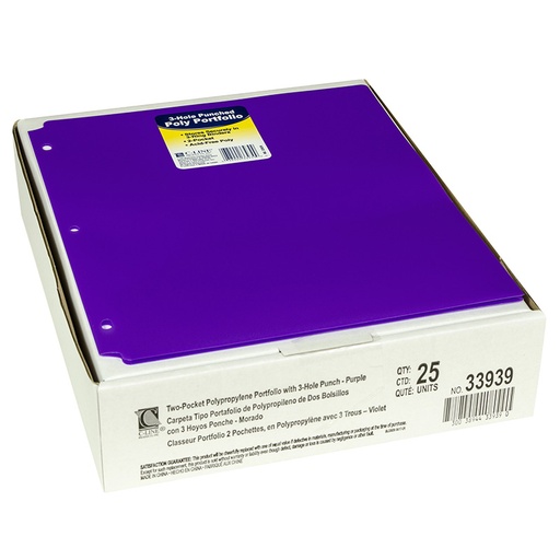 [33939-25 CL] Two-Pocket Heavyweight Poly Portfolio Folder with Three-Hole Punch, Purple, Pack of 25