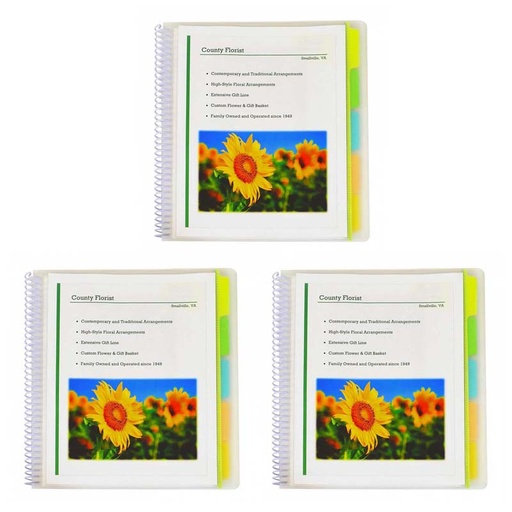 [33650-3 CL] 10-Pocket Poly Portfolio with Write-On Index Tabs, Spiral Bound, 5-Tab, Clear with Assorted Color Tabs, Pack of 3