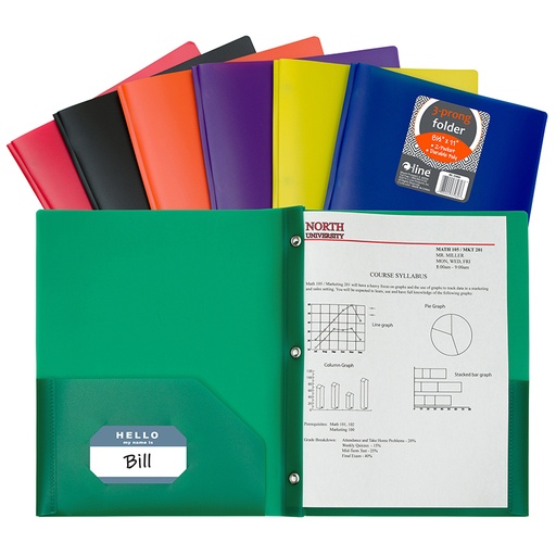 [33960 CL] Two-Pocket Heavyweight Poly Portfolio Folder with Prongs, Assorted Primary Colors, Pack of 36