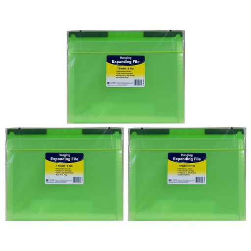 [58203-3 CL] Expanding File Folder, 7-Pocket, Hanging Tabs, Bright Green, Pack of 3
