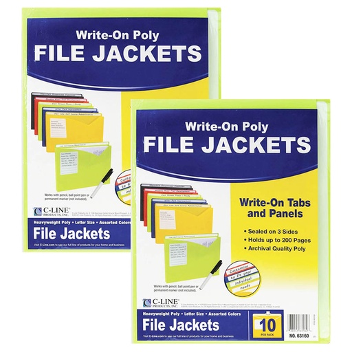 [63160-2 CL] Write-On Poly File Jackets, Assorted Colors, 11" x 8-1/2", 10 Per Pack, 2 Packs