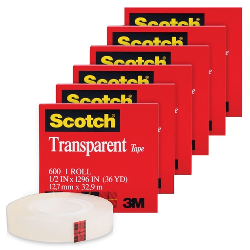 [60012X1296-6 MMM] Transparent Tape Roll, 1/2" x 1296", Pack of 6