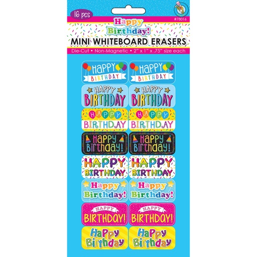 [78016 ASH] Non-Magnetic Mini Whiteboard Erasers, Happy Birthday, Pack of 16