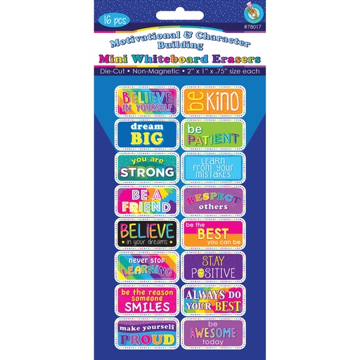 [78017 ASH] Non-Magnetic Mini Whiteboard Erasers, Motivational/Character Building, Pack of 16