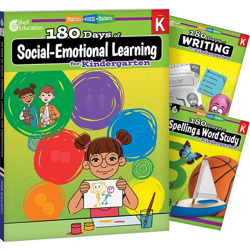 [147652 SHE] 180 Days Social-Emotional Learning, Writing, & Spelling Grade K: 3-Book Set
