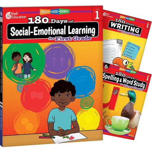 [147653 SHE] 180 Days Social-Emotional Learning, Writing, & Spelling Grade 1: 3-Book Set