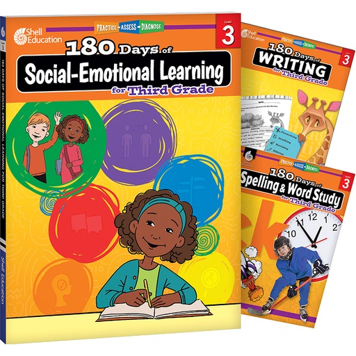 [147655 SHE] 180 Days Social-Emotional Learning, Writing, & Spelling Grade 3: 3-Book Set