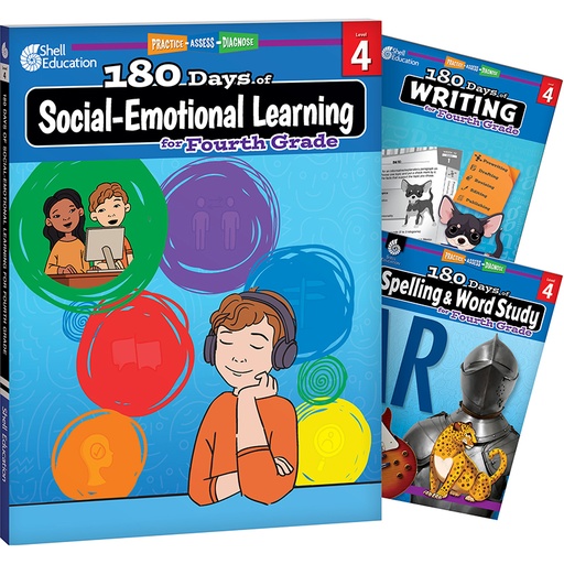 [147656 SHE] 180 Days Social-Emotional Learning, Writing, & Spelling Grade 4: 3-Book Set
