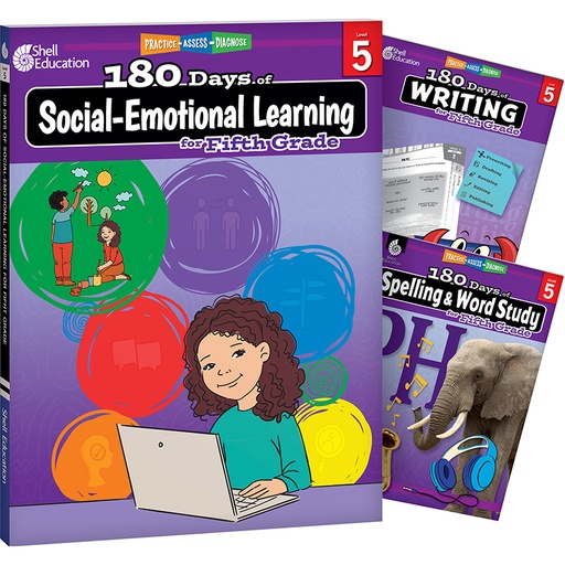 [147657 SHE] 180 Days Social-Emotional Learning, Writing, & Spelling Grade 5: 3-Book Set
