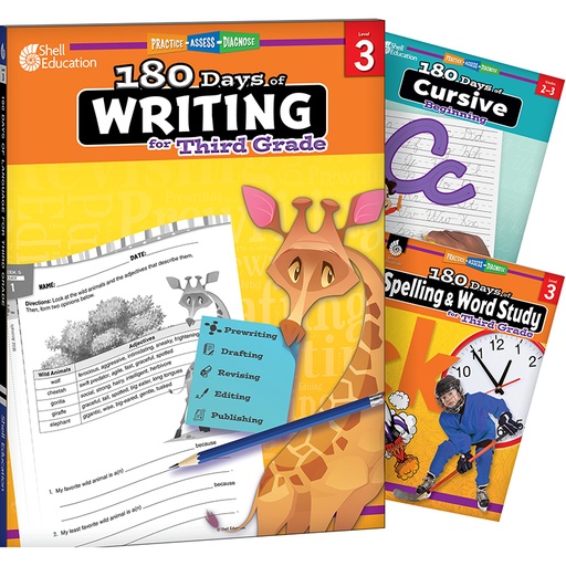 [147662 SHE] 180 Days Writing, Spelling, & Cursive Grade 3: 3-Book Set