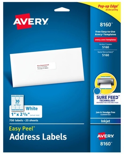 [8160 AVE] Avery Easy Peel Address Labels with SureFeed 1" x 2-5/8"