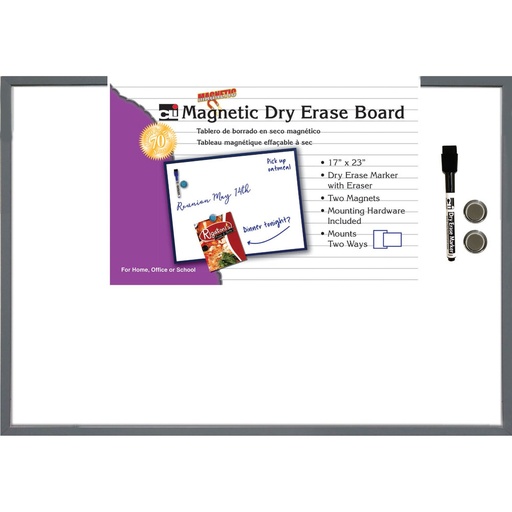 [35375 CLI] Magnetic Gray Frame 17" x 23" Dry Erase Board w/Eraser, Marker and 2 Magnets