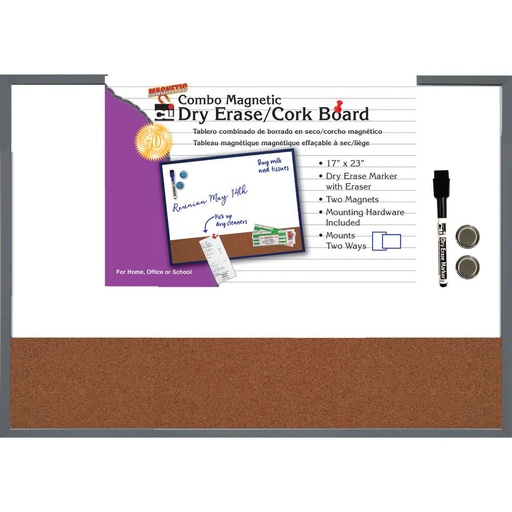 [35415 CLI] Magnetic Gray Frame 17" x 23" Dry Erase Board w/Cork Board w/Eraser, Marker and 2 Magnets